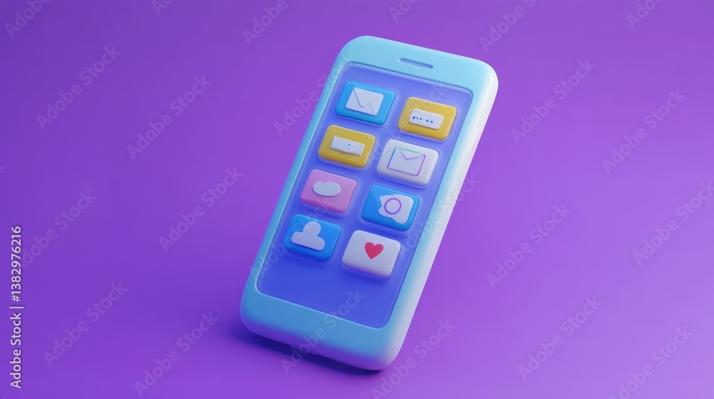 Poster 3d stylized smartphone app icons on vibrant background. possible use for technology, interface desig