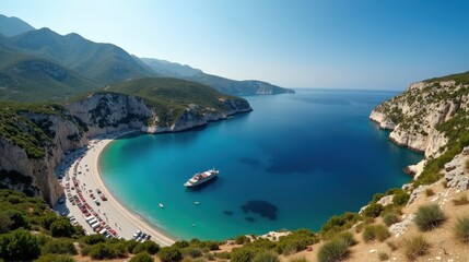 Aerial view of Drakolimni of Tymfi in Greece at midday under hot, sunny summer conditions.