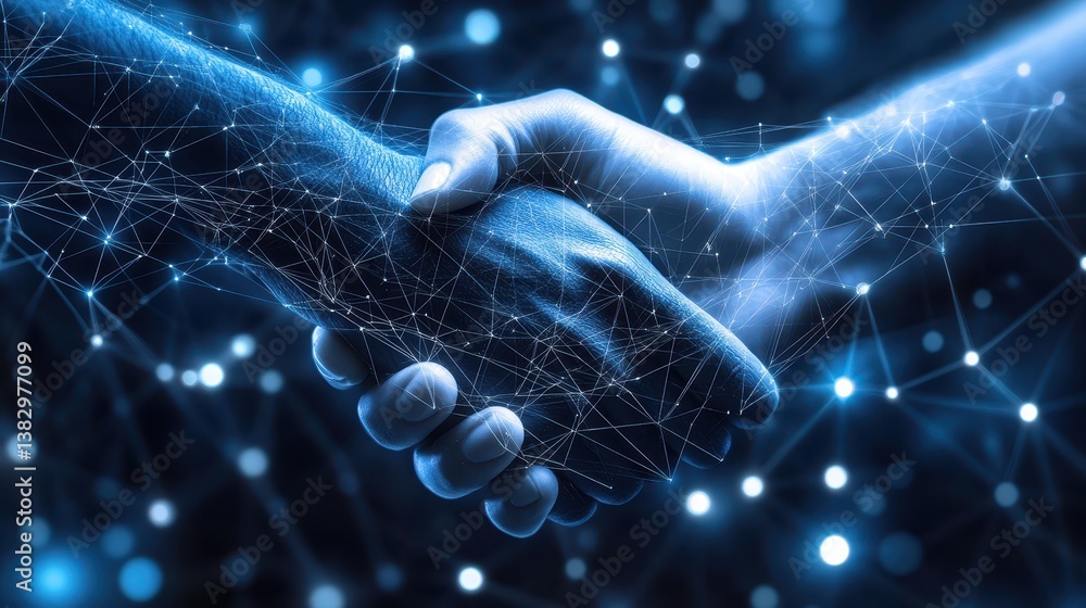 Poster a digital handshake is depicted against a blue technology background, featuring a connected network 