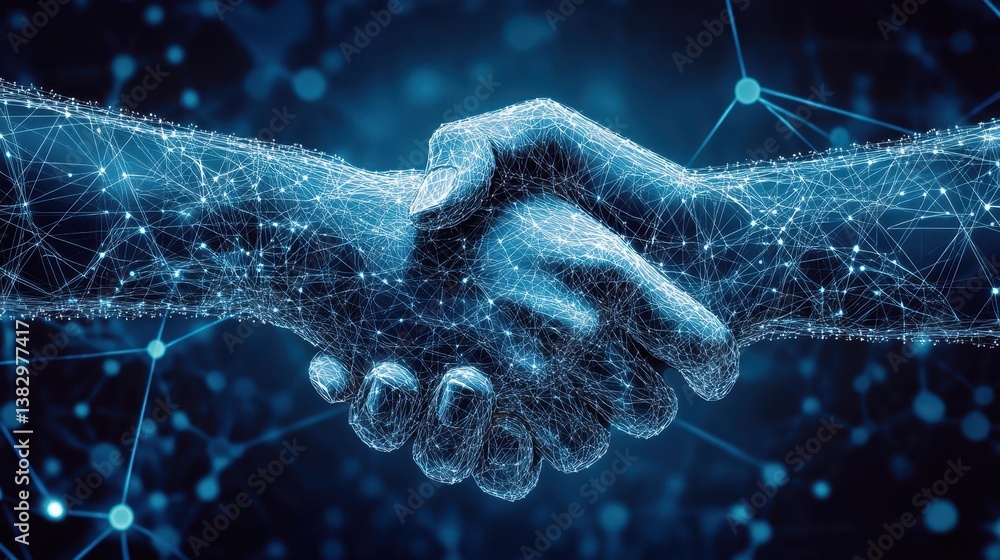 Poster a digital handshake is depicted against a blue technology background, featuring a connected network 