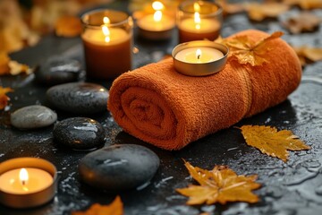 Serene spa ambiance with orange towel smooth stones and flickering candles creating a relaxing atmosphere for wellness and tranquility