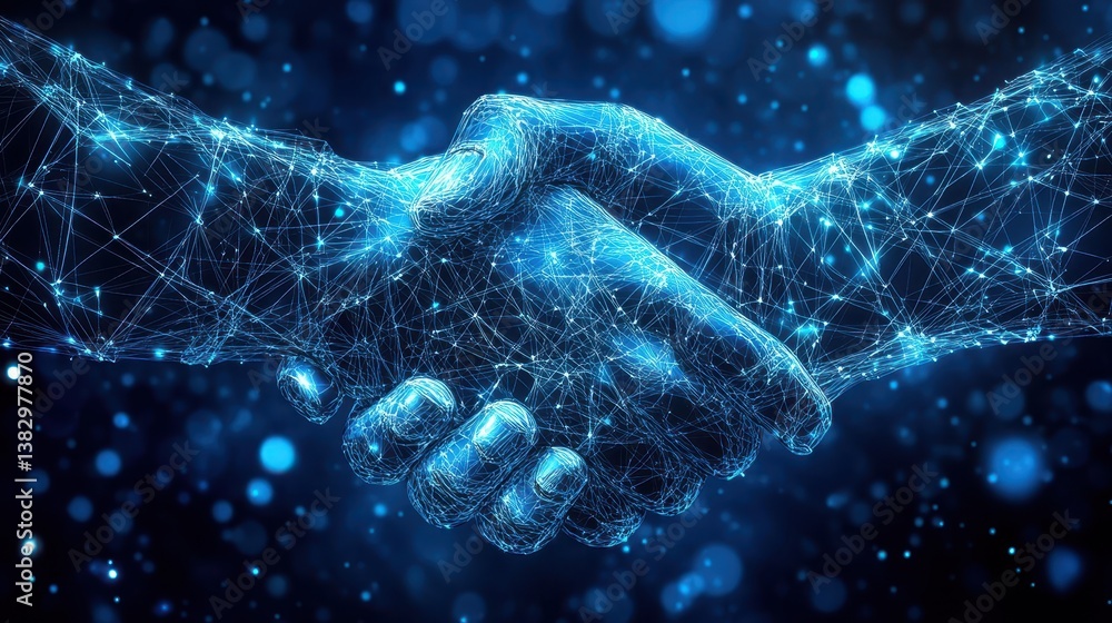 Poster a digital handshake is depicted against a blue technology background, featuring a connected network 