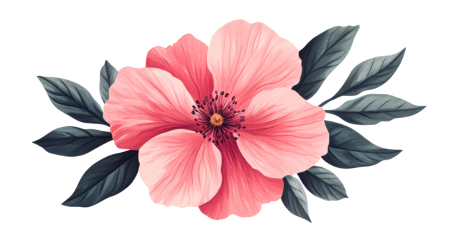 Elegant light red flower with lush gray leaves arrangement, cut out transparent - Powered by Adobe