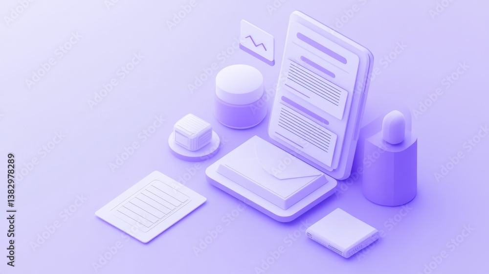 Poster 3d rendered digital workspace with documents and emails