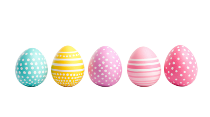 Decorated Easter eggs collection on black background, cut out transparent