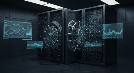 Two server racks with vault doors and floating data screens in a dark server room environment