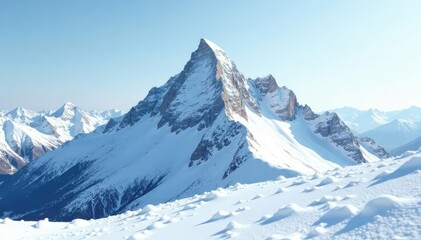 Snow covered mountain peak, pristine white landscape, peaceful, sky