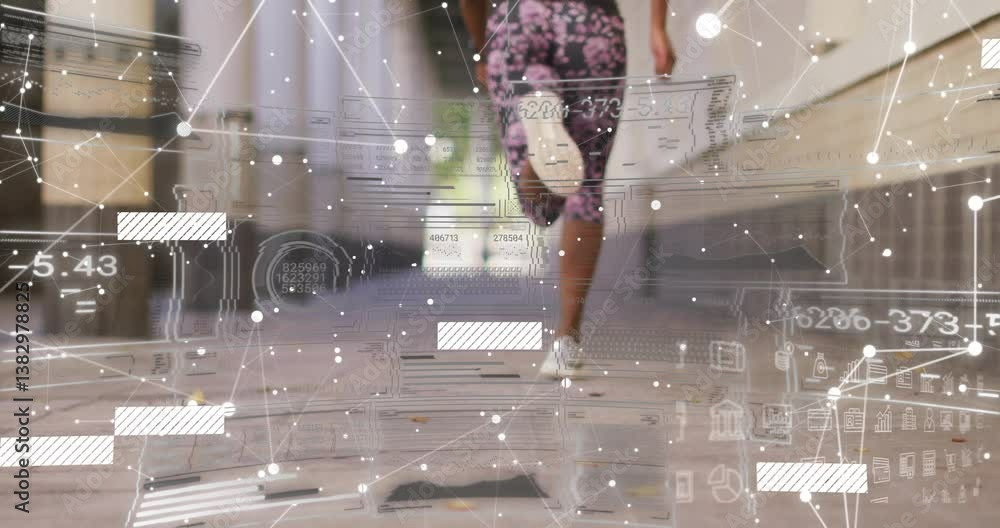 Poster runner on street with digital data and network connections overlay animation