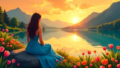 A beautiful landscape with a lake and mountains . The sky is painted in a warm orange and yellow hue, with the sun setting in the distance. The lake is surrounded by lush greenery and colorful flowers