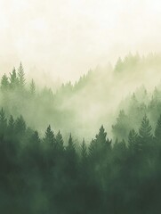 Misty forest landscape with soft green hues.