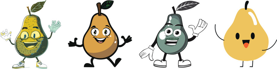 Funny pear character vector collection· Humanized pear with facial expression for children’s illustration, healthy food concepts and packaging