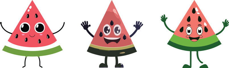 Cute smiling watermelon slice vector collection· Fun fruit character with happy face for kids design, food packaging and playful branding