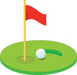 Minimalist Golf Illustration: Clubs, Flag, Ball, and Bag in Black, Green, and Red.