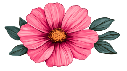 Pink flower vector with detailed petals and leaves, cut out transparent