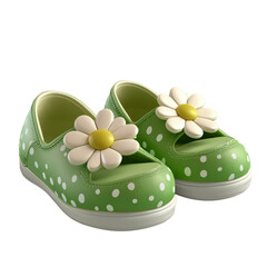 Colorful green polka dot shoes with flower design in studio photography