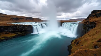 Obraz premium Majestic Dettifoss waterfall in Iceland, cloudy midday skies, shot from a wide panoramic angle.