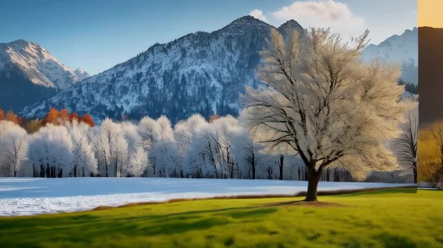 A series of four photos of a mountain range with trees in different seasons
