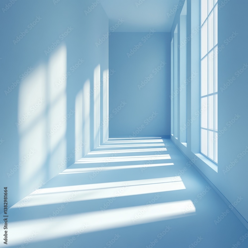 Aufkleber serene blue hallway bathed in sunlight through window panes casting shadows on the floor creating a 