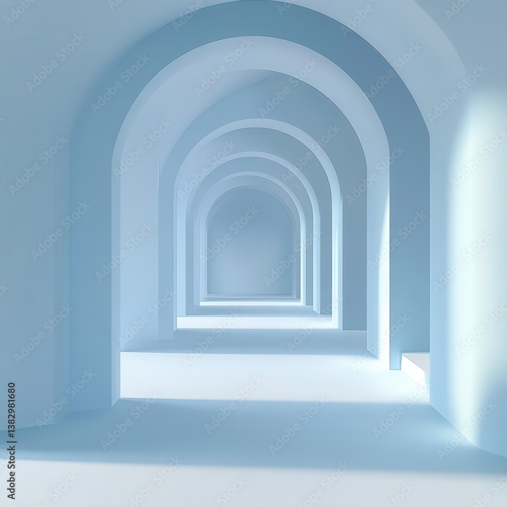 Poster serene architectural corridor with repeating arches in light blue hue creating a sense of depth and 
