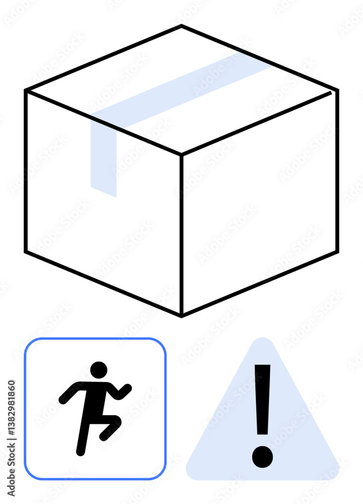 Poster sealed box with icons showing a figure in motion and an exclamation point triangle. ideal for packag