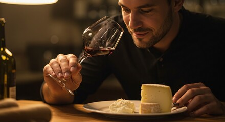 A man smelling a glass of red wine with a plate of cheese on a table under a warm light in a restaurant
