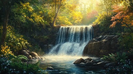 Sunlit Waterfall in Lush Forest; Calm Pool; Nature Scene; Wallpaper