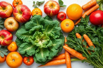 Variety of fruits and vegetables like kale, carrots, and apples. Perfect for healthy eating, nutrition, farm to table concept, and groceries.