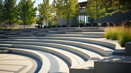Modern amphitheater, sunlit stone seating, tranquil landscape