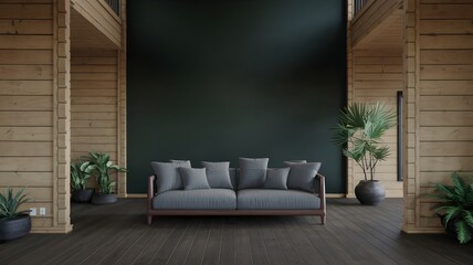 A modern wooden living room with a stylish sofa against a dark green wall.