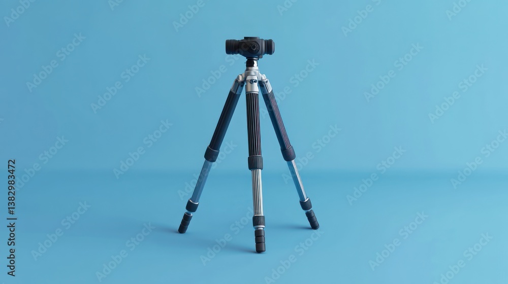 Poster studio shot of a modern tripod against a solid blue background. possible use in product catalog or p