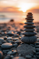 Stack of smooth stones on beach at sunset. Phone wallpaper symbolizing mindfulness, balance and harmony with nature
