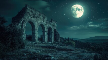 Ancient stone arches under a full moon's glow.