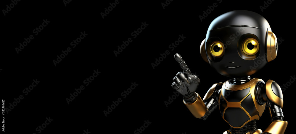 Poster gold and black cheerful 3d robot, round head and bright yellow eyes with a sleek design pointing ent