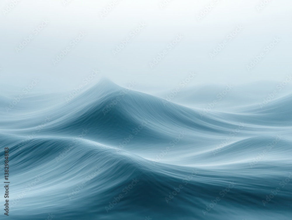 Poster serene ocean waves in a misty atmosphere capturing the tranquil mood with a minimalist style and sof