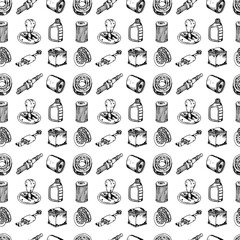 Seamless pattern Hand drawn vector illustration set of auto parts sign and symbol doodles elements. Isolated on white background