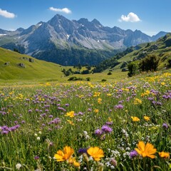Obraz premium Vibrant alpine meadow with wildflowers and majestic mountains under a clear blue sky scenic landscape