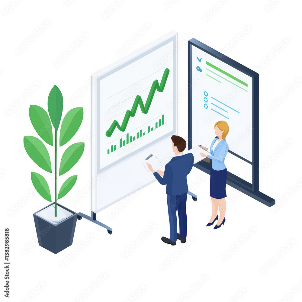 Poster a business meeting setting with two professionals analyzing growth charts and data on screens, accom