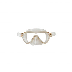 A transparent diving mask with a gold trim, perfect for underwater exploration and snorkeling adventures, isolated on a white background.