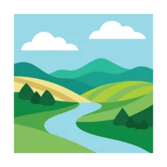 Gordijnen Colorful Flat Illustration of a Scenic Mountain River Valley © oamcollection