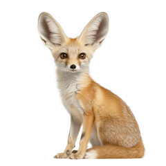 Obraz premium A charming fennec fox with large ears, sitting gracefully against a white isolated background, showcasing its unique features and fur texture.