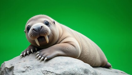 Walrus Pup Resting on Rock with Bright Green Background Image