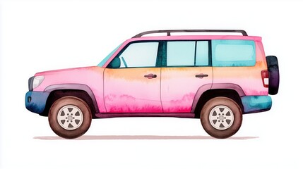 Obraz premium Whimsical Pink Car in Watercolor Art, Vintage Pink Car with Floral Elements, Dreamy Pink Car Road Trip Illustration, Cute Pink Car with Cityscape Watercolor, Minimalist Pastel Pink Car Aesthetic, Doub