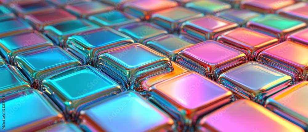 Poster array of iridescent metallic cubes reflecting vibrant colors in a futuristic grid pattern with a glo