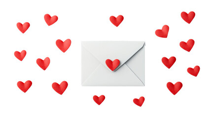 White envelope with red hearts around, love concept, cut out transparent