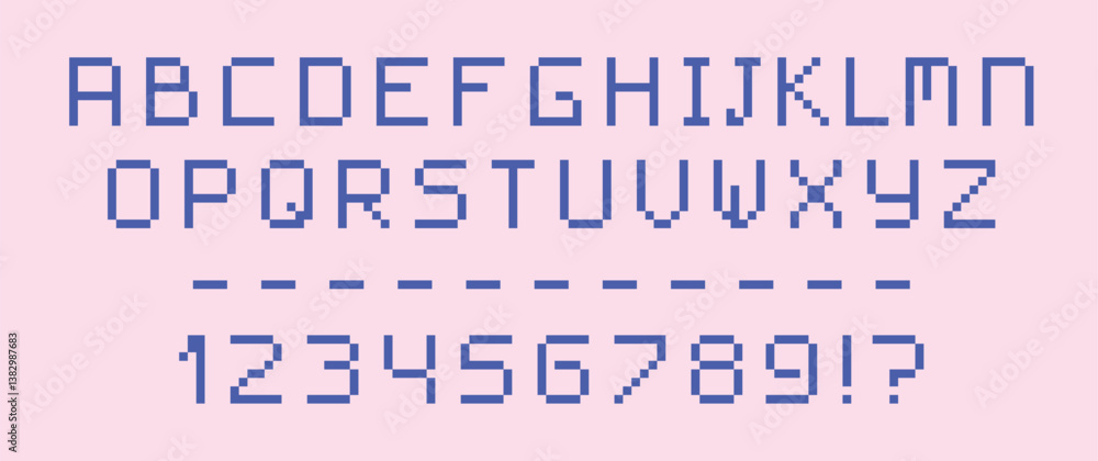 Fototapete pixel font set on pink background. uppercase letters and numbers in pixel art style for computer dis