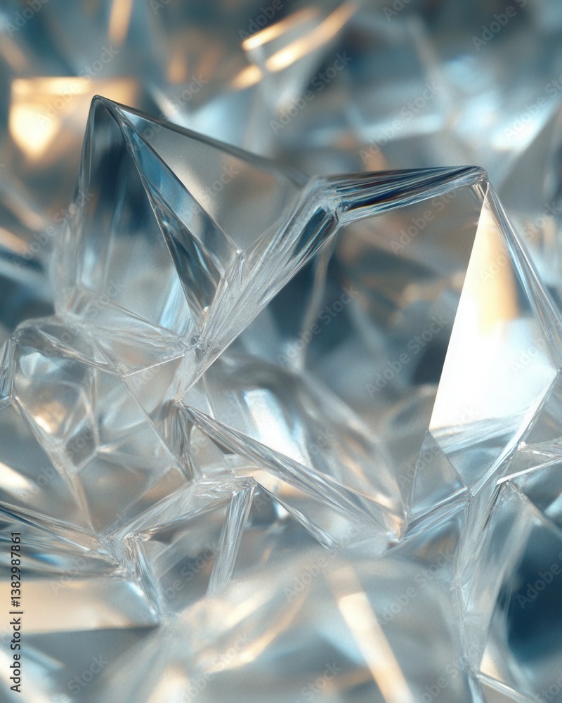 Poster abstract crystalline structure with sharp geometric shapes and reflective surface in cool tones and 