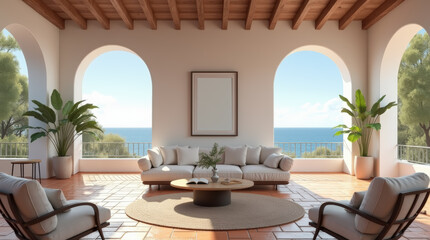 Tranquil and relax mediterranean terrace living room with archs openings that frame a stunning ocean view, terracotta tiles, comfortable sofa and a round coffee table