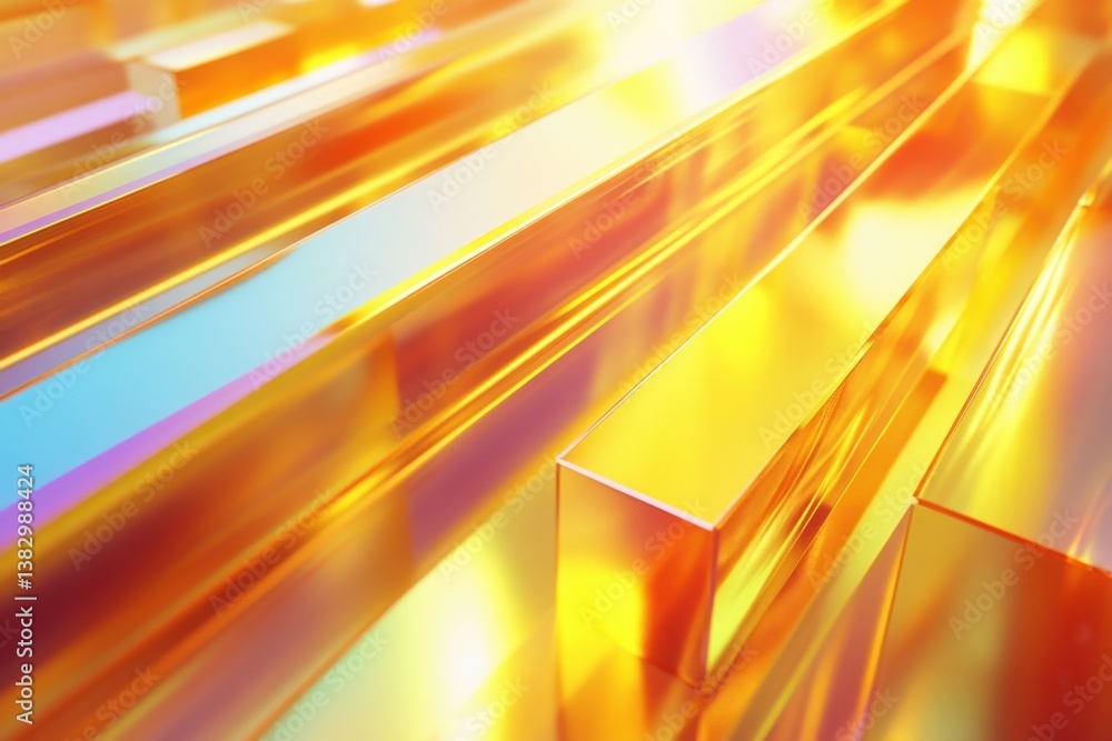 Poster abstract golden bars with light reflections and iridescent hues create a futuristic and modern backd