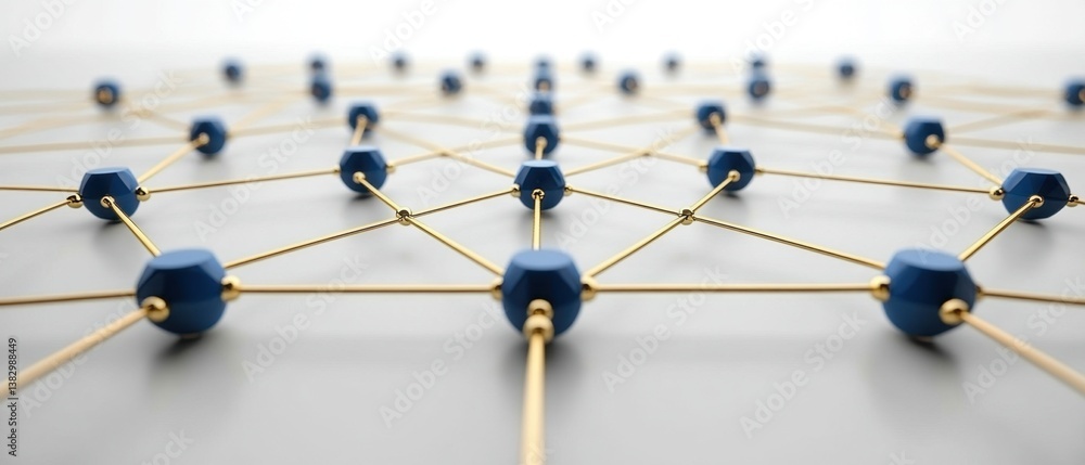 Poster abstract network connection with blue nodes and golden lines on a white background representing conn