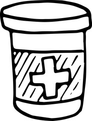 Hand drawn drug bottle and tablets doodle. Sketch style icon. Decoration element. Isolated on white background. Flat design. Vector illustration